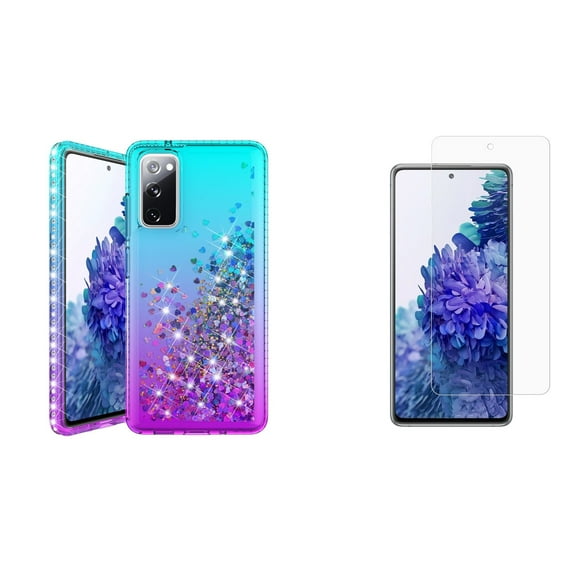 Bemz Liquid Quicksand Case for Samsung Galaxy S20 FE (with 2 Pack of Tempered Glass Screen Protectors and Touch Tool) - Teal & Purple