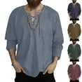 thumbnail image 1 of Linen Shirts for Men Casual Loose Solid Color Drawstring Long Sleeve Shirt Cotton Linen V-Neck Shirt Navy, 1 of 6