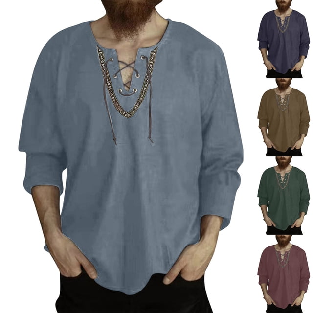 Linen Shirts for Men Casual Loose Solid Color Drawstring Long Sleeve Shirt Cotton Linen V-Neck Shirt Navy