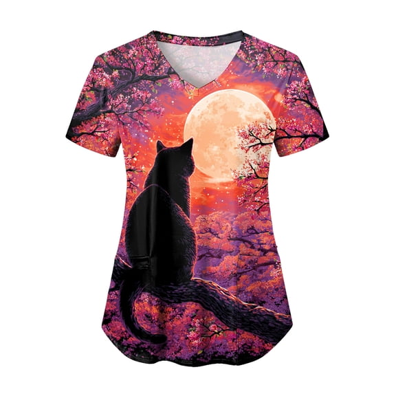 felwors Scrubs for Women V-Neck Short Sleeve Printed Scrub Tops Plus Size Durable Soft Stretch Nursing Scrubs with Pockets (Hot Pink, M)