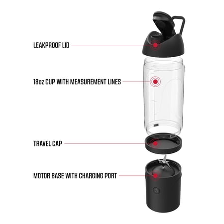 FitRx Rocket Electric Smoothie Blender Bottle, Rechargeable Portable Personal Blender, 18oz., Black