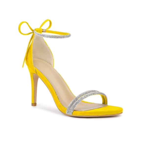 BLISSFUL STEP Women's Shoes Stiletto Heels Rhinestone Ankle Tie Open Toe Faux Suede Party Sandals Yellow 6