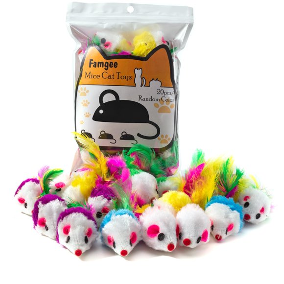 Juguetes para gatos Famgee, 20 piezas, ratoncitos peludos con cola de plumas
