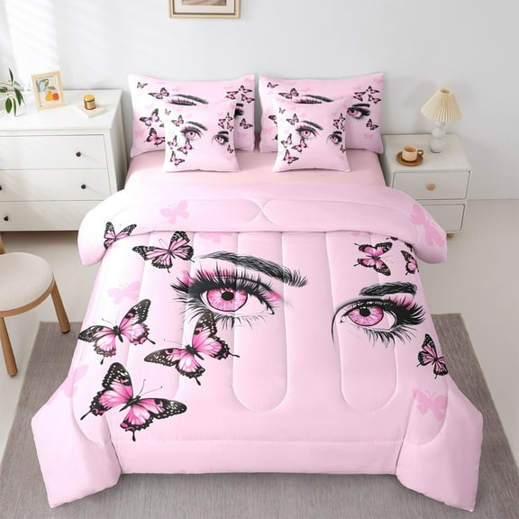 Manfei Pink Eyes 7-Piece Twin Bedding Sets,Kawaii Butterflies Bedding Comforter Set,Dreamy Fairy Tale Sheet Sets For Girls Boys,Ultra Soft Home Decor Reversible