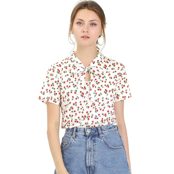 Blusa Allegra K para Mujer con estampado de Cereza y cuello con Corbata de lazo Blanco S