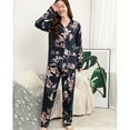 thumbnail image 3 of SWSMCLT Women's Long Sleeve Pajamas Set Silky Comfy Spring Fall Thin V Neck 2 Piece Lounge Set Soft Pjs Satin Holiday Flower 10-12, 3 of 5