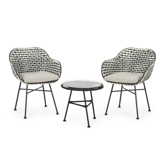 Noble House Beulah Outdoor 3 Piece Wicker Chat Set White/Beige and Black