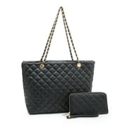 POPPY Women's Classic Quilted Shoulder Bag & Wallet Set Vagan Leather Metal Chain Strap Tote Handbag Purse 2PCS-Black
