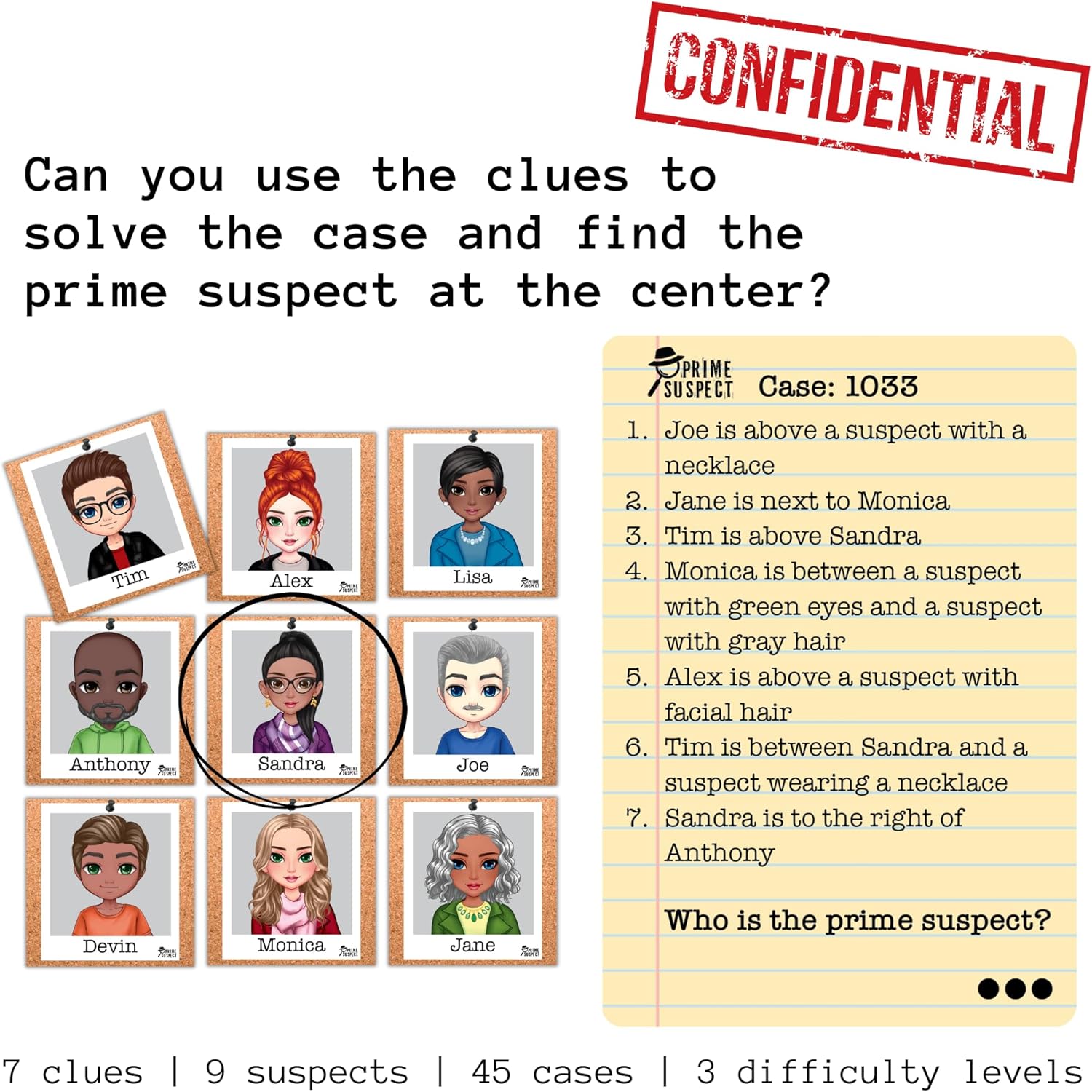 Prime Suspect – Logic Deduction Puzzle Game with 45 Case Cards | Single or Cooperative Play | Ages 8+ | Compact Travel Brain Teaser for Kids, Teens & Adults
