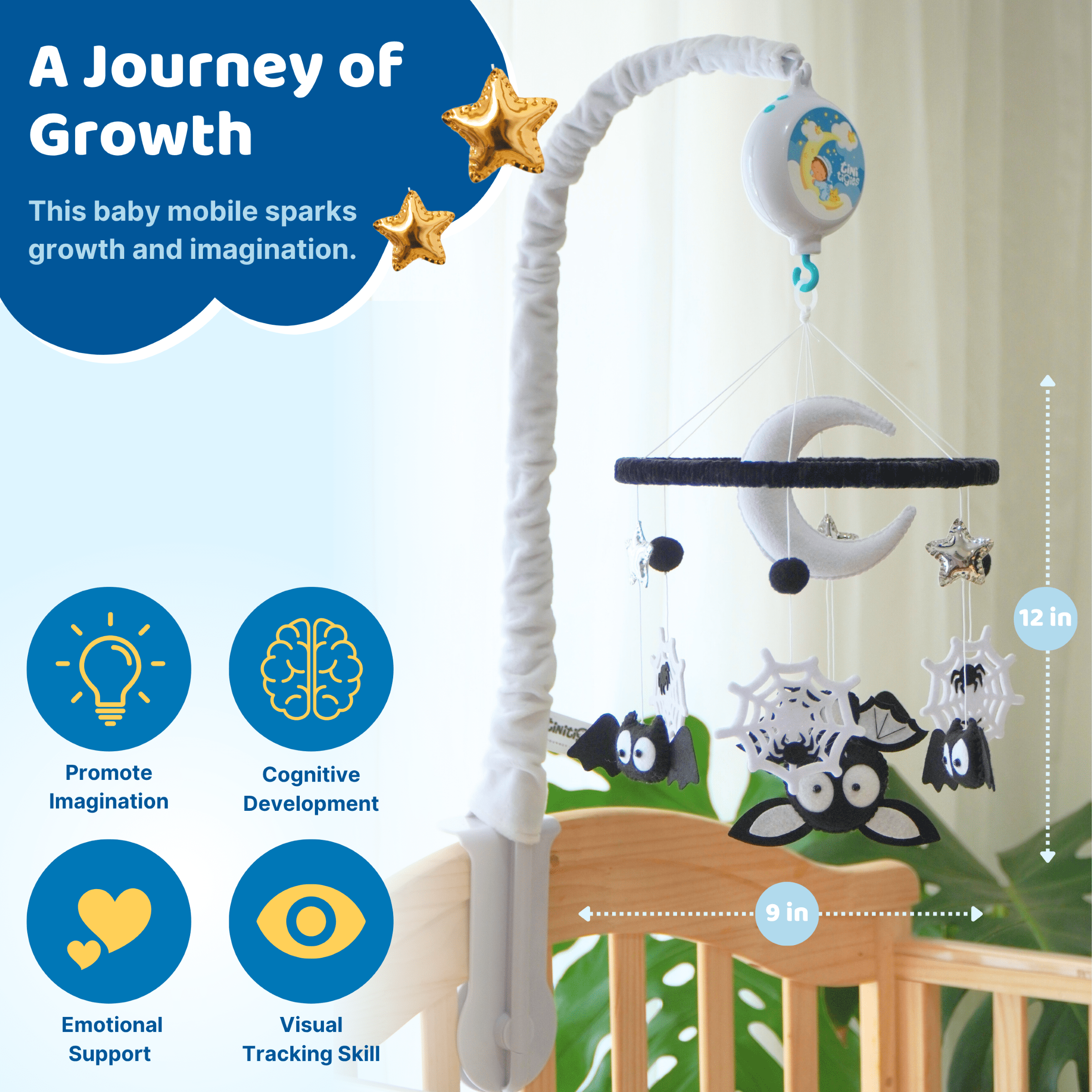 TINITIGIES Bat & Spider Baby Mobile with Music Box – Handmade Felt Crib Mobile, 12 Piano Lullabies, Visual & Cognitive Development Toy for Newborns