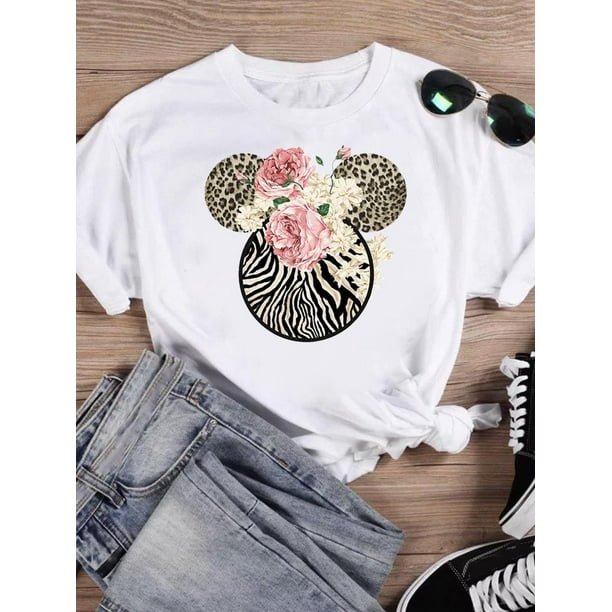 Disney Fashion Bow Love Valentine Women Cartoon Print Clothing Mickey Mouse Tee Shirt Casual Graphic Short Sleeve T-shirtsL Gao Jinjia LED
