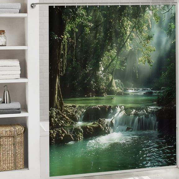 River waterfall trees Bathroom shower curtain printed  Modern Fabric Waterproof Shower Curtain Set with Hooks
