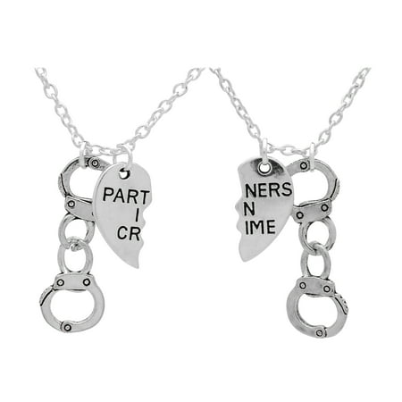 Woman In Handcuffs (Art Attack Silvertone Partners In Crime Handcuffs Hand Cuff BFF Best Friend Broken Heart Thelma Louise Matching Pendant Necklace Gift)