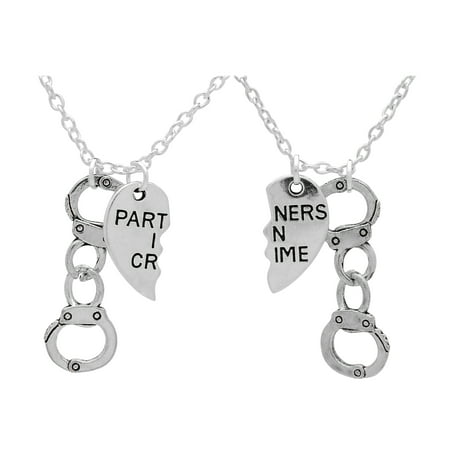 Art Attack Silvertone Partners In Crime Handcuffs Hand Cuff BFF Best Friend Broken Heart Thelma Louise Matching Pendant Necklace Gift