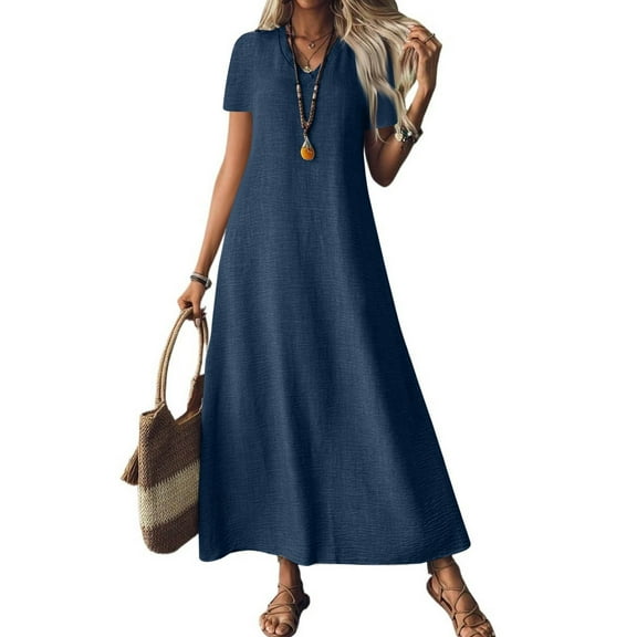 Evdexr Women's Cotton Dress Linen Maxi Shirt Dress V Neck Flowy Solid Colour Short Sleeve Retro Dress Loose Tunic Plus Size Trendy Dresses with Pockets Navy M