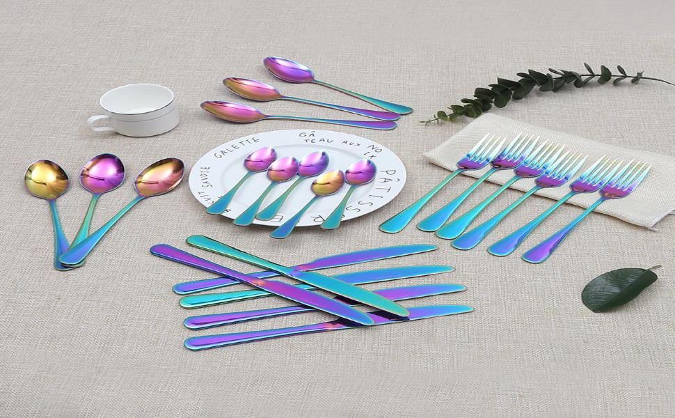 4-24 Piece Stainless Steel Flatware Set Dining Colorful Iridescent Cutlery Sets
