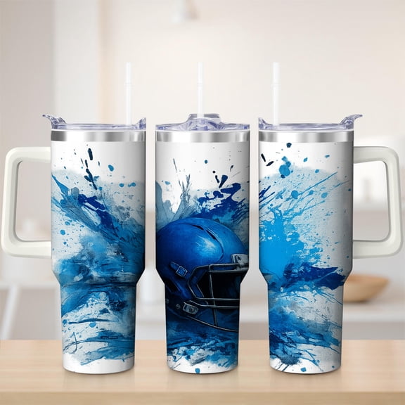 Blue Football Helmet Splash Stainless Steel Insulated Mug with Lid and Handle, 30oz