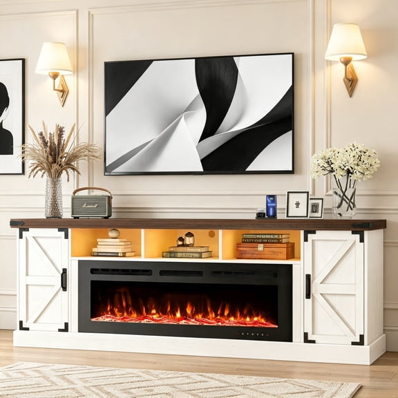 77'' Fireplace TV Stand for 85'' TVs, 50'' Electric Fireplace with LED Lights, Farmhouse Media Entertainment Center