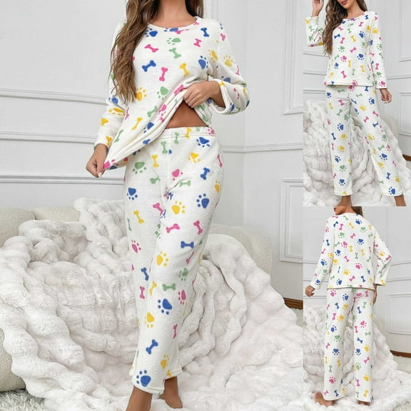 Antinious Women Flannel Print Crew Neck Long Sleeve Long Pants Warm Sleepwear Set,Pajamas for Women Set,Ladies Sleepwear Outfits,White,L