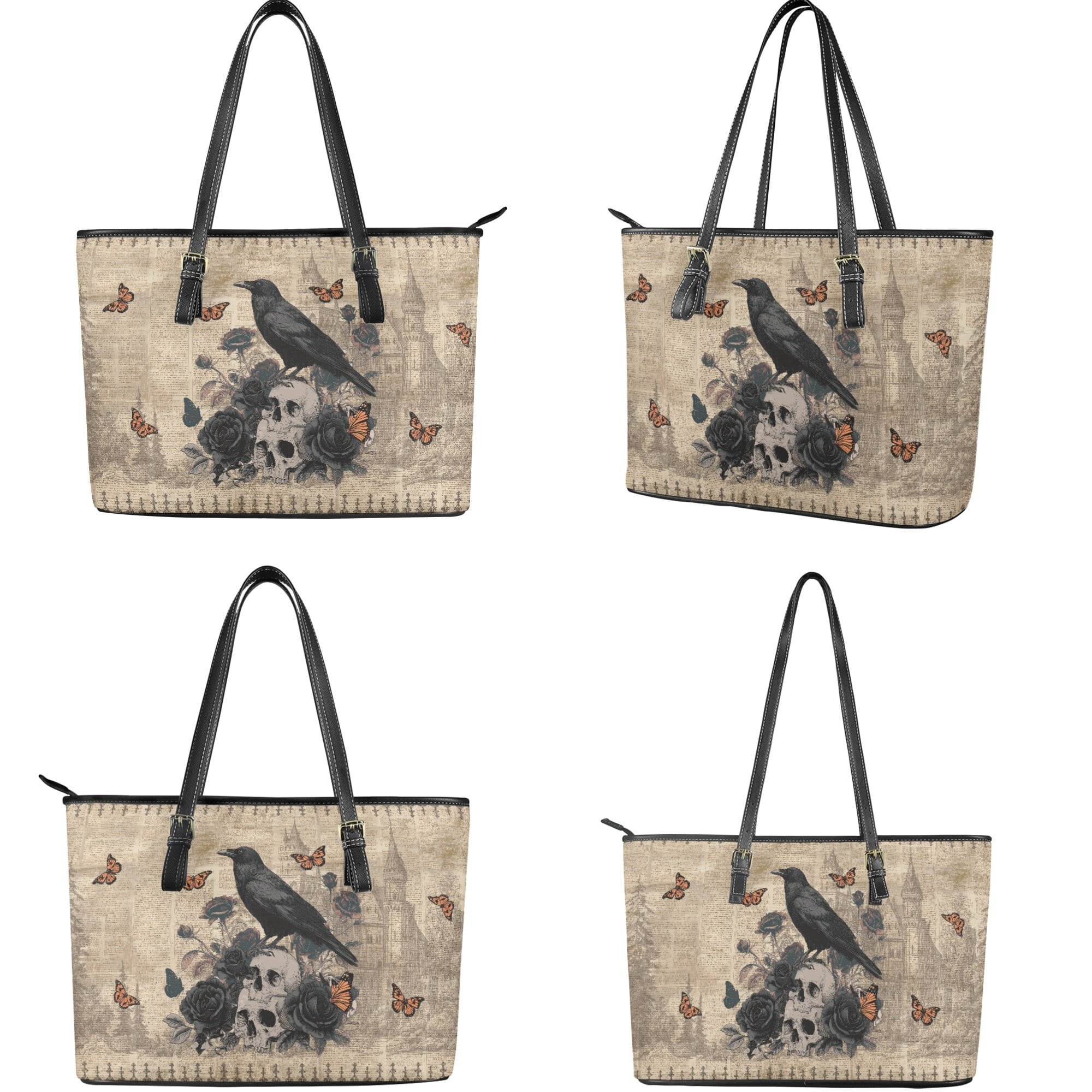 Kuiaobaty Skull Raven Print Satchel Purse for Travel, Butterfly Rose Print Tote Handbag Set with Adjustable Strap, Gothic Casual Leather Shoulder Bag Purse for Travel