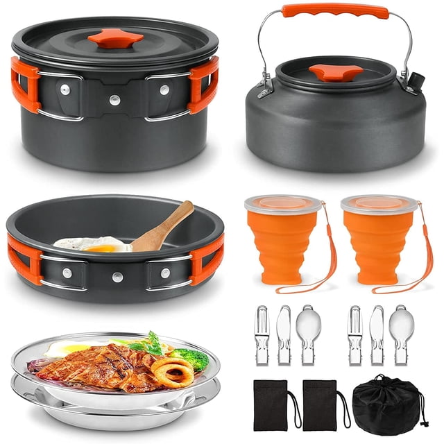 Juego de cocina para acampar, utensilios de cocina para acampar, kit de desorden de aluminio para exteriores con sartén, olla con tapa, juego de hervidor de agua de 1,2 l y 2 platos de acero inoxidabl