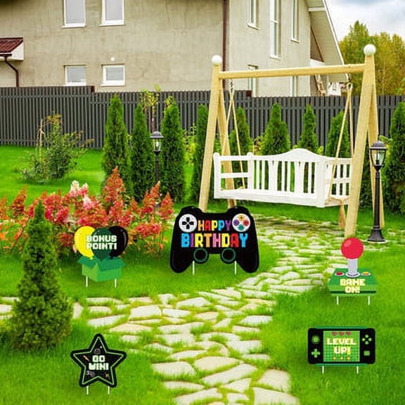 Video Game Theme Happy Birthday Yard Sign for Outdoor Decoration, 5 Packs