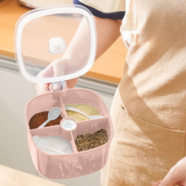 Fesfesfes Plastic Seasoning Box Set Kitchen Storage Seasoning with Spoon Flip Top Spice Compartment Household Seasoning Organizer for Cooking Sugar Pepper Pink
