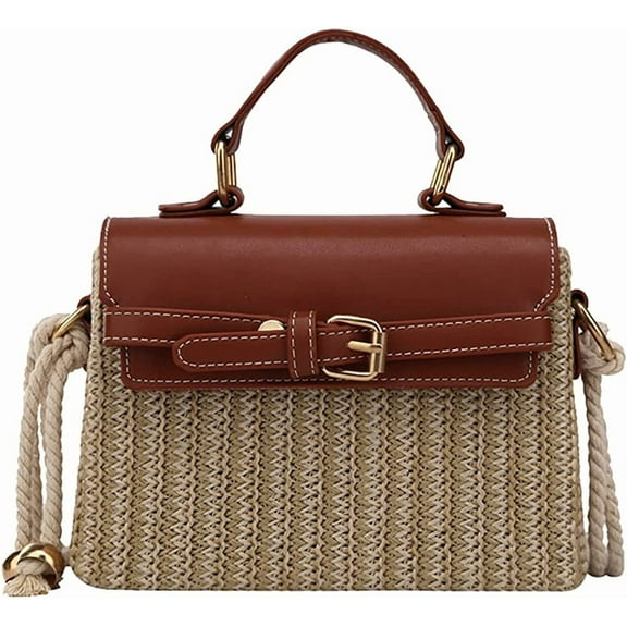 PIKADINGNIS Retro Straw Woven Handbag Handmade Casual Beach Tote Bag Flap with PU leather
