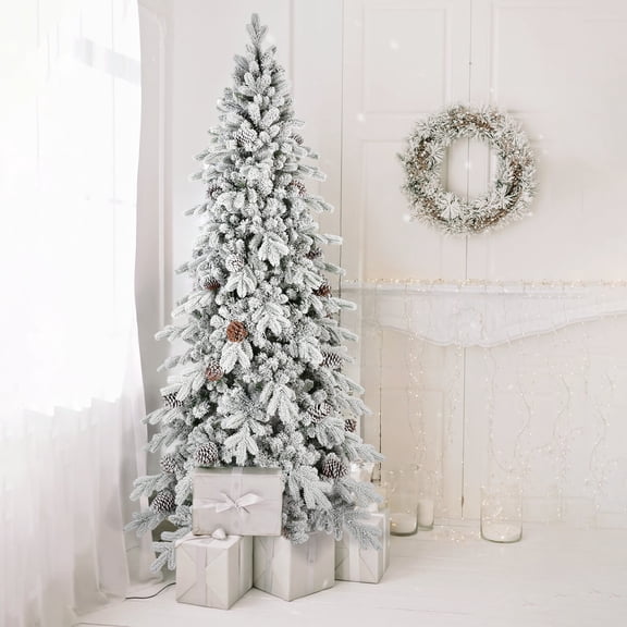 Christmas Tree 9 FT Flocked PE/PVC Christmas Tree with 52 Natural Pine Cones – 2138Tips, Space-Saving Design, Hinged Branches, Stable Metal Stand, Realistic Snowy Look,Flocked Christmas Tree