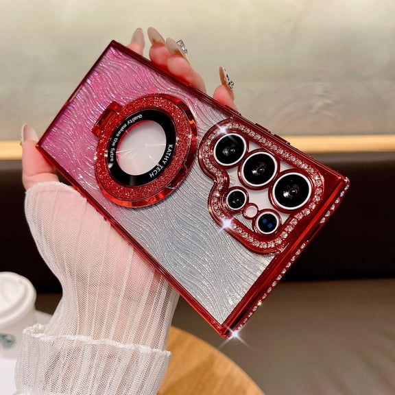 Case for Galaxy A56 5G,Luxury Diamond Plating Sparkle Glitter Water Ripple Magnetic Kickstand Bracket Girls Women Protective Phone Case for Samsung Galaxy A56 5G (Red)