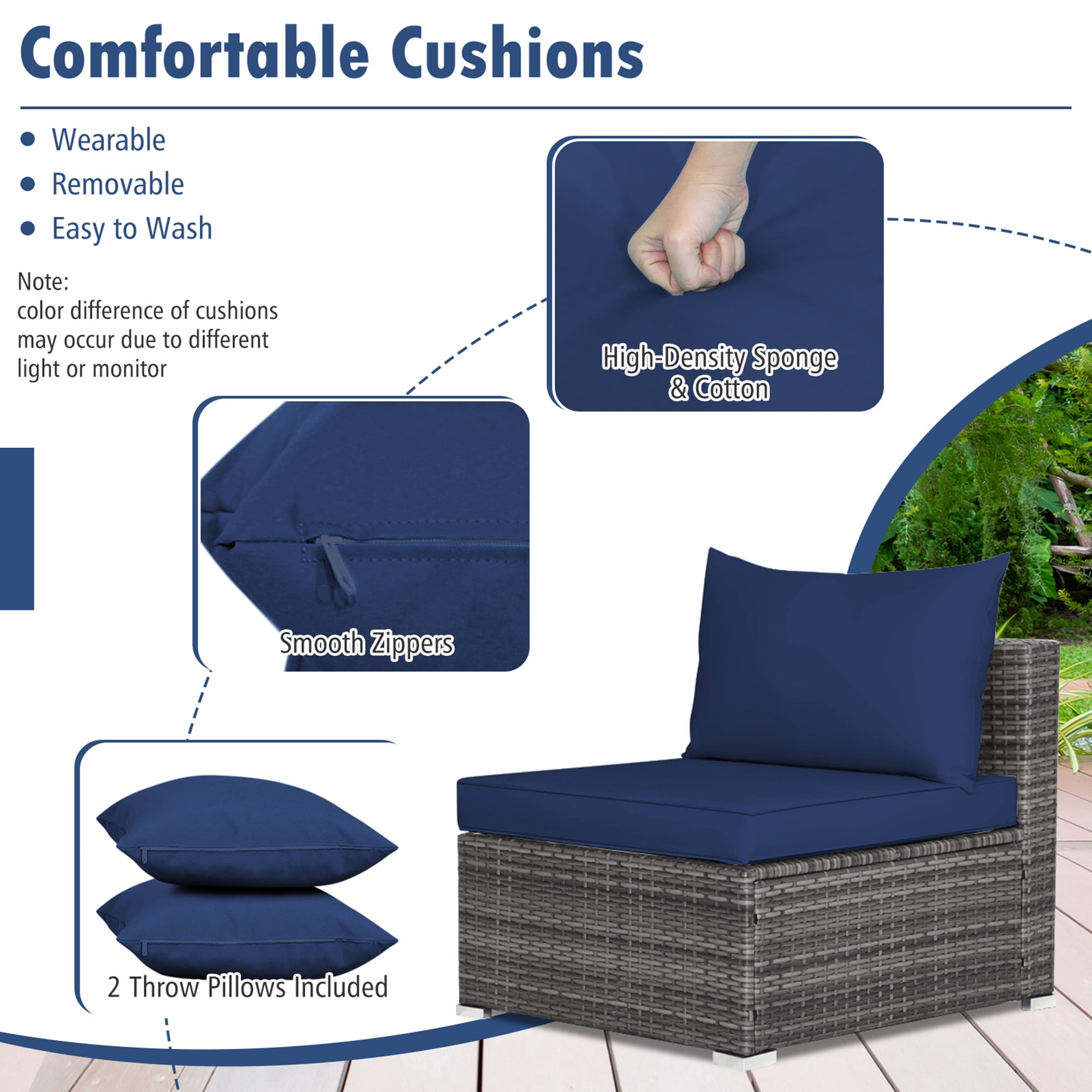 Gymax 7PCS Patio Rattan Sectional Sofa Set Outdoor Furniture Set w/ Navy Cushions