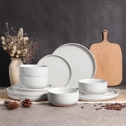 Vesteel 12-Piece Dinnerware Set, Ceramic Plates and Bowls Set for 4, Speckled Stoneware Dishes Set for Family, Microwave & Dishwasher Safe - Speckled White
