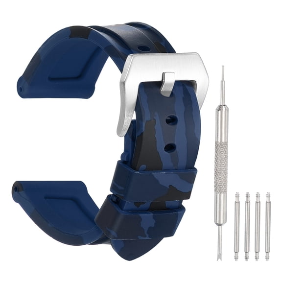Uxcell Silicone Watch Band 24mm Quick Release Flexible Soft Rubber H-type Watch Strap with Stainless Steel Silver Clasp Replacement Wristband for Men, Camo Dark Blue