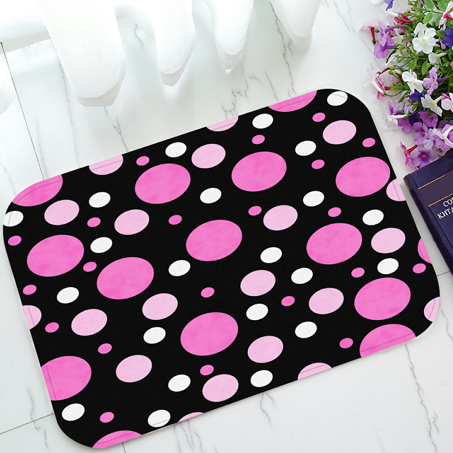 ECZJNT Pink White and Black Polka Dot Doormat Bath Mat Rug