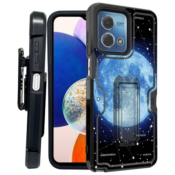 ANJ  Rugged Shockproof Kickstand Hybrid Case with Card Slot and Holster   Tempered Glass Cover for Motorola Moto G Stylus 5G (2023) - Blue Moon Constellation