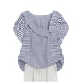 thumbnail image 3 of QATAINLAV Stripe Tops for Women Summer Cotton Linen Petal Sleeve Shirts Loose Casual Skew V Neck Button Blouses Vacation Clothes Navy XXL Gifts for Mom, 3 of 7