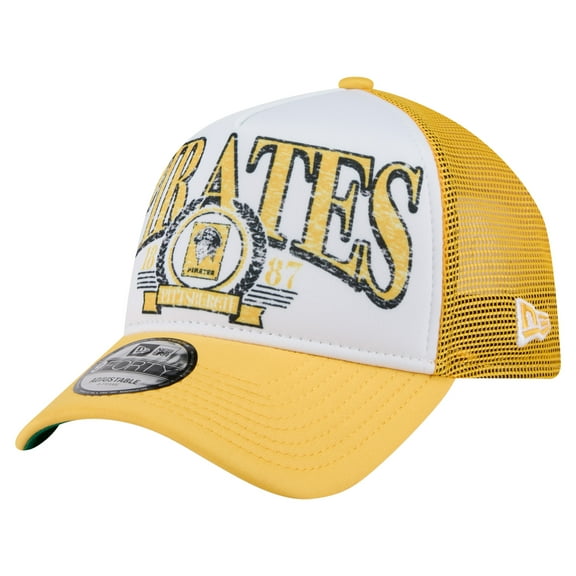 Men's New Era White/Gold Pittsburgh Pirates Distressed 9FORTY A-Frame Adjustable Trucker Hat