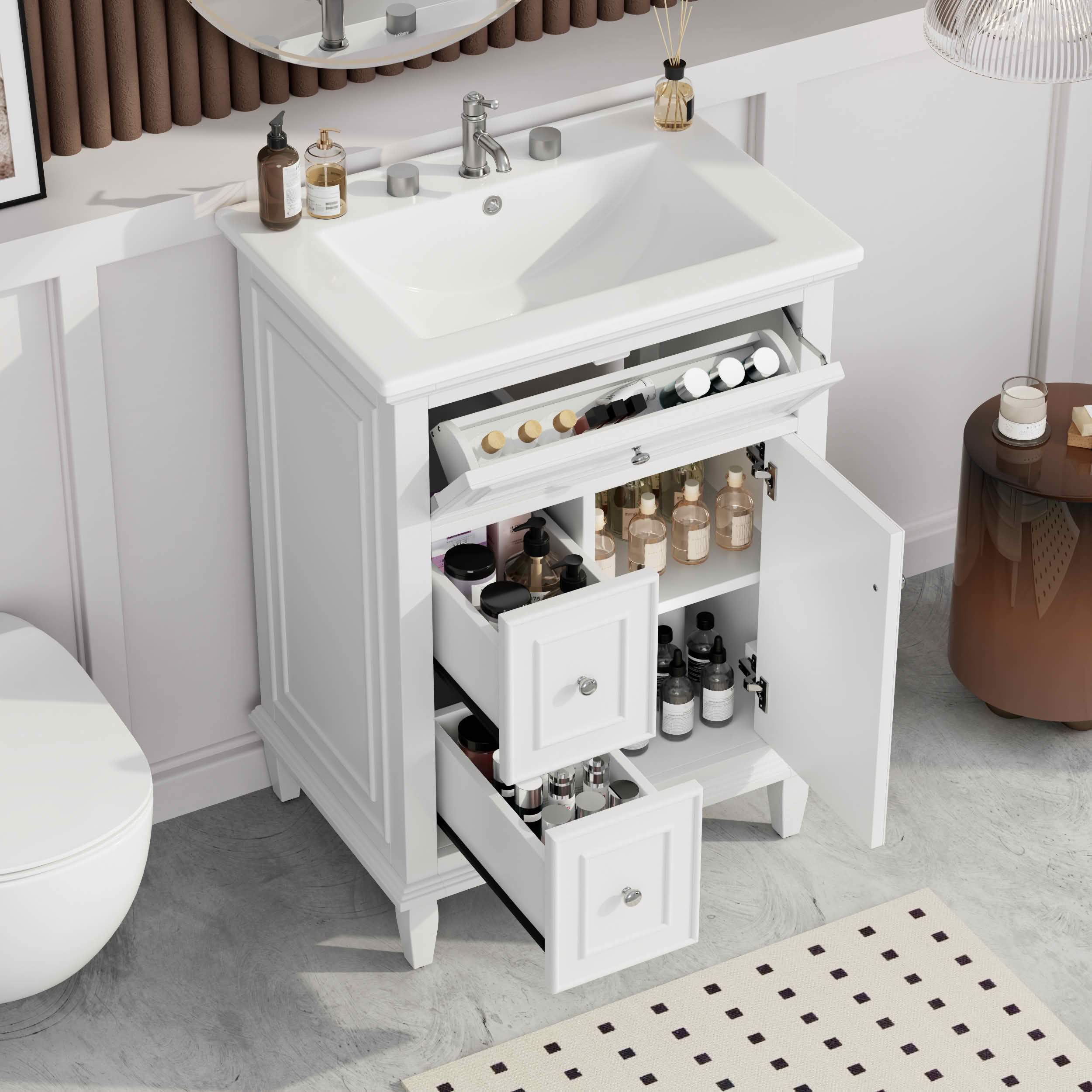 MAYEERTY 24" Bathroom Vanity with Sink, 1 Flip Drawer 2 Drawers Adjustable Shelf, Solid Wood MDF, White