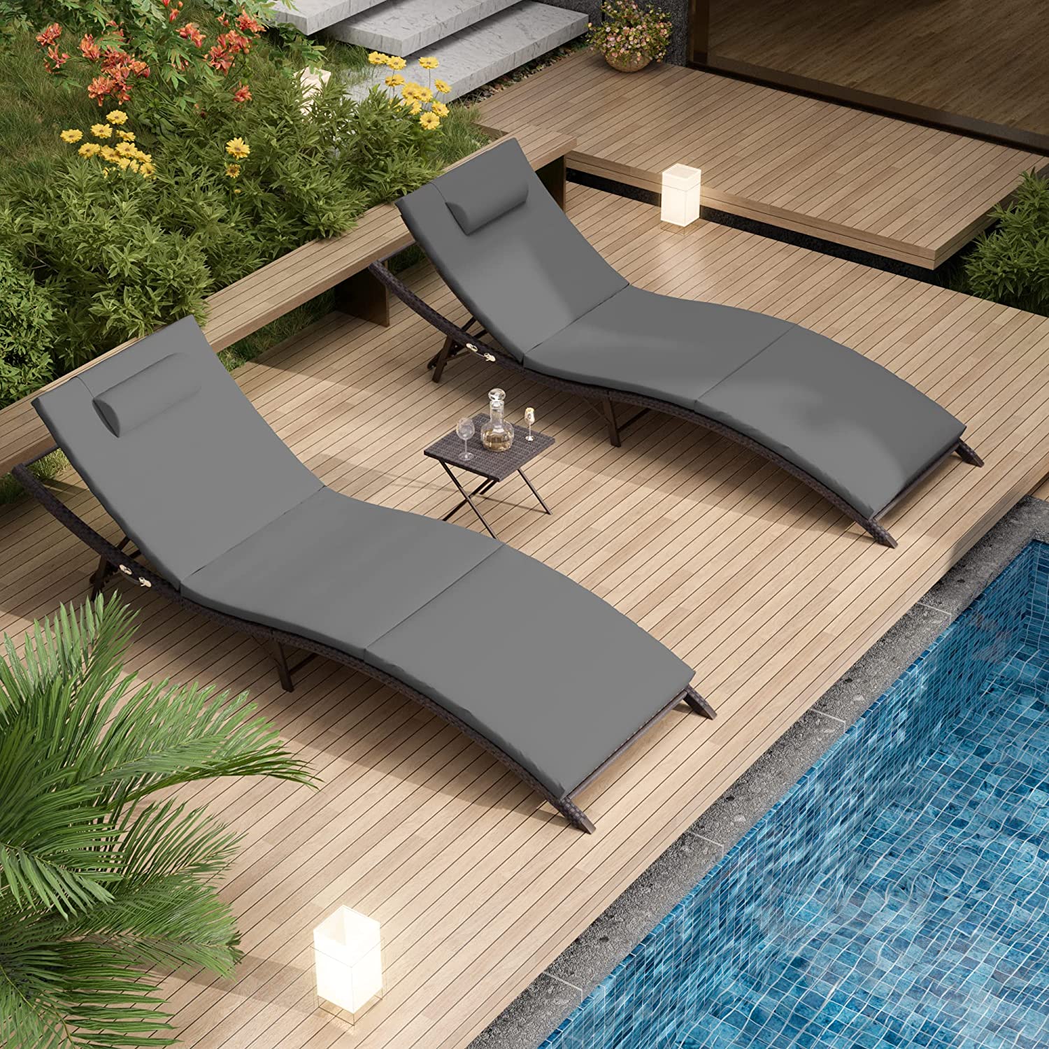Kullavik Patio Chaise Lounge Set 3 Pieces Outdoor Lounge Chair Outdoor Wicker Lounge Chairs with Table Folding Chaise Lounger for Poolside Backyard Porch,Grey - image 1 of 7