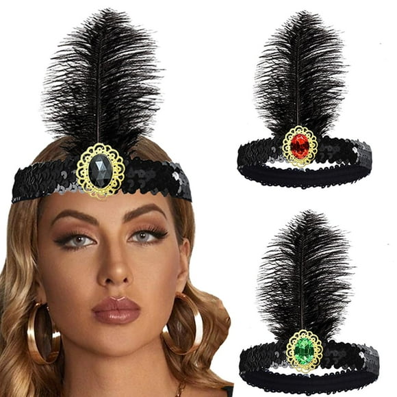 Ankelesz 1920S Flapper Mardi Gras Headband Women Vintage Sequins Rhinestones Feather Headpieces Headband For Carnival Decorations (Black)
