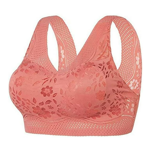 Breezora Breathable Lace Bralette Wireless Comfort Bra Back Support Lightweight Everyday Wear with Removable Padding XL Size Watermelon Red