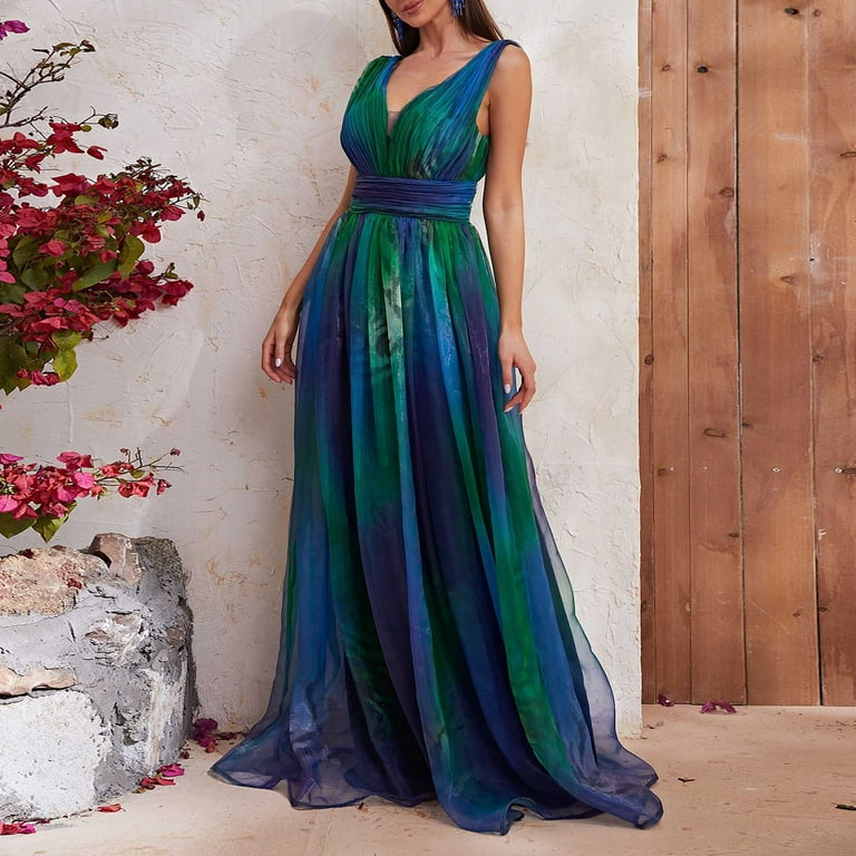 Cavosen V Neck Dresses for Women Wedding Blue Mesh Elegant Sleeveless Long Dress Backless Floor Length Maxi Dress Flowy Homecoming Bodycon Wrap Party