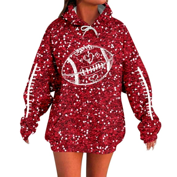 Womens Game Day Hooded Sweatshirts Sequin Football Rugby Graphic Hoodie Tops Oversized Long Sleeve 2025 Fall Winter Pullove With Pocket