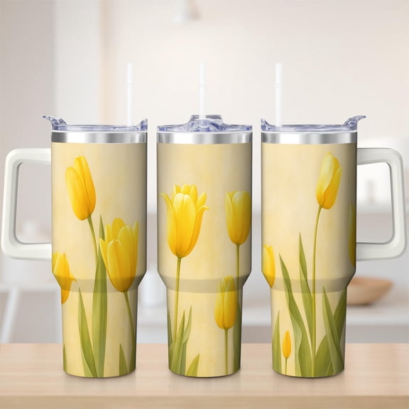 Yellow Tulip Stainless Steel Insulated Mug with Lid and Handle, 30oz