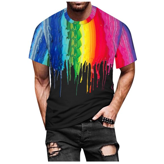 LPKRT Men Graffiti Rainbow Print T Shirt - Short Sleeve Crewneck Tee, Casual Summer Top(Black-XL)