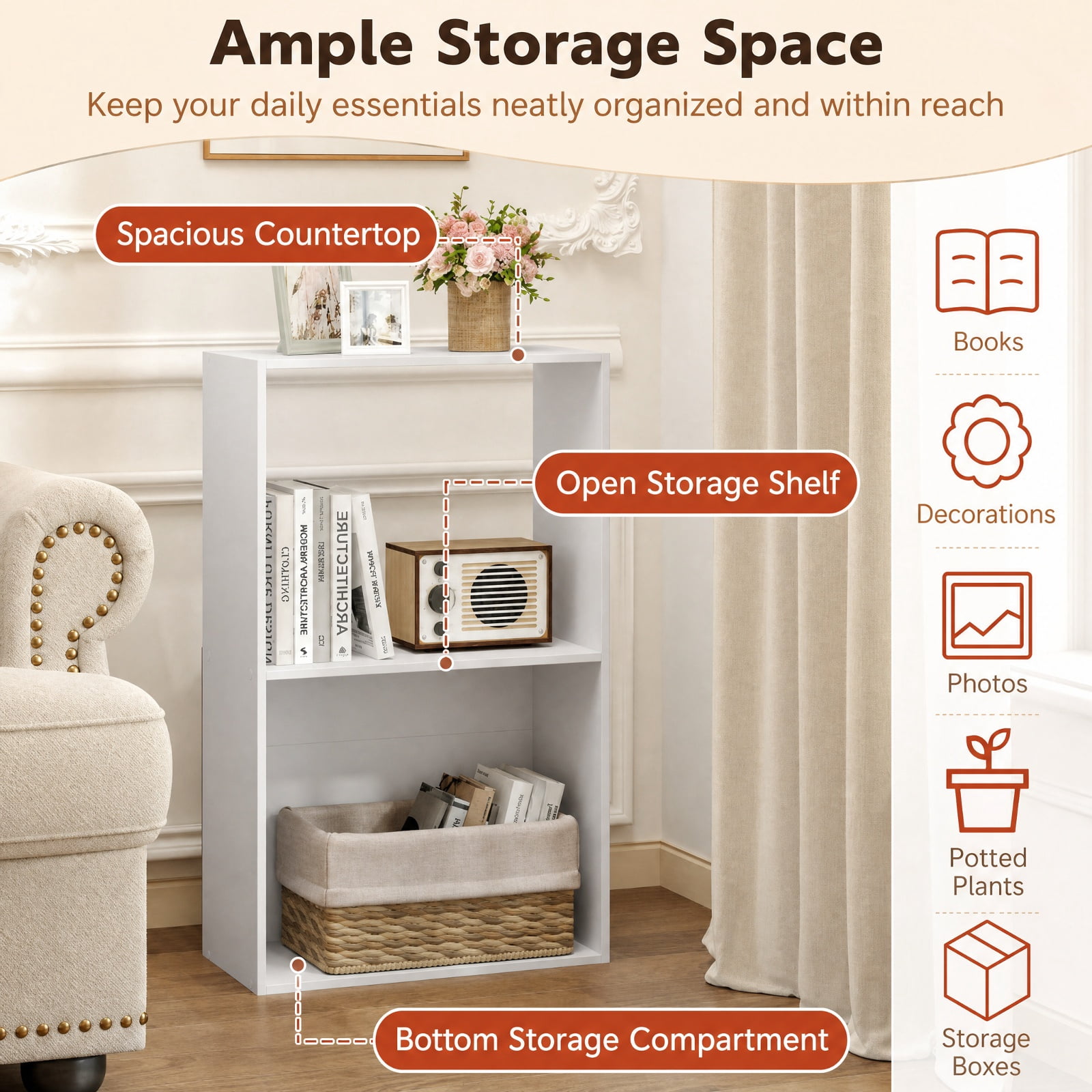 Furnibear 3-Tier Freestanding Bookshelf with Open Storage Compartment Countertop and Anti-Toppling Device for Study and Home Office, White