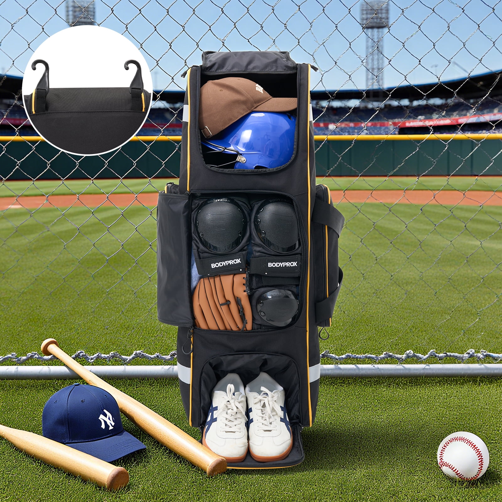 Large Catcher Gear Bag With Wheels, Soft Rolling Baseball Bag for 4 Bats, Portable Baseball Catcher Bag With Wheels, Multi-Pockets, Fence Hook, Holds All Softball Baseball Equipment (36x12x12inch)