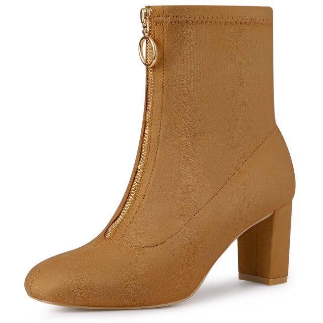Botines de Tacones Gruesos con Punta Cuadrada y Cremallera Delantera Allegra K Marrón 36