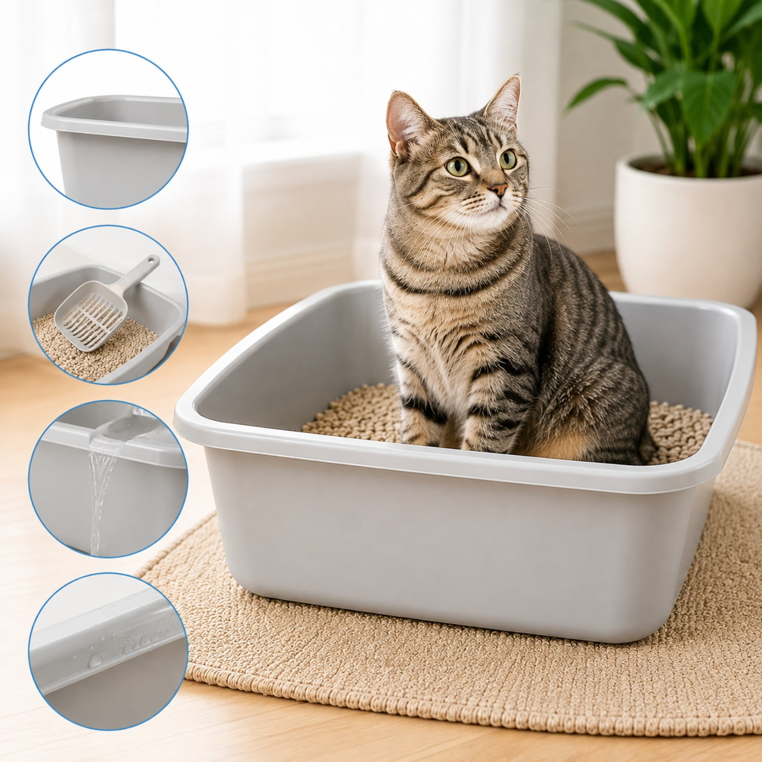 Large Gray Standard Waste Cat Pan, Durable Litter Box for Daily Cat Litter & Waste Management, Pet Bathroom Essentials