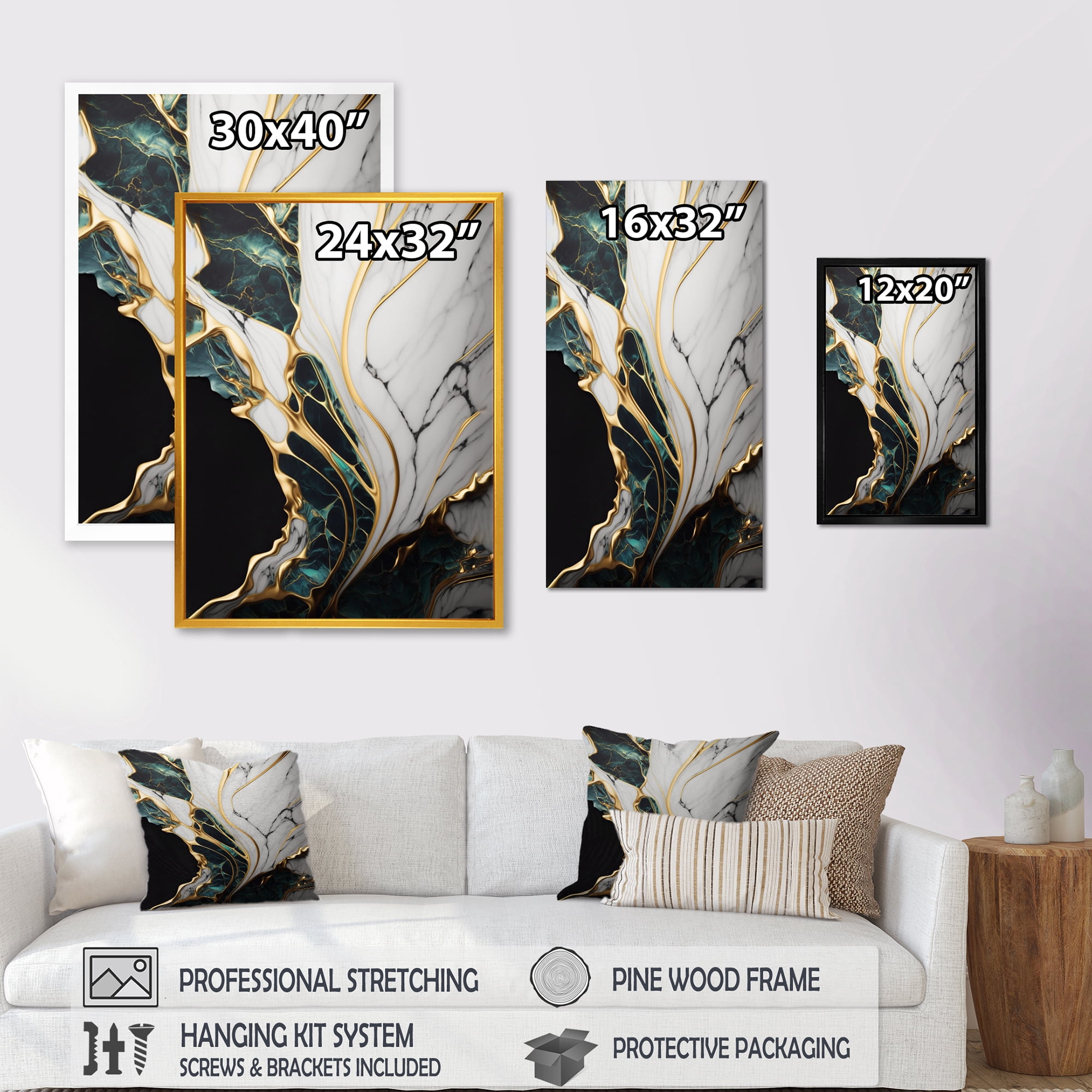 Designart Abstract Geode Gold And Green Marble III Canvas Wall Art